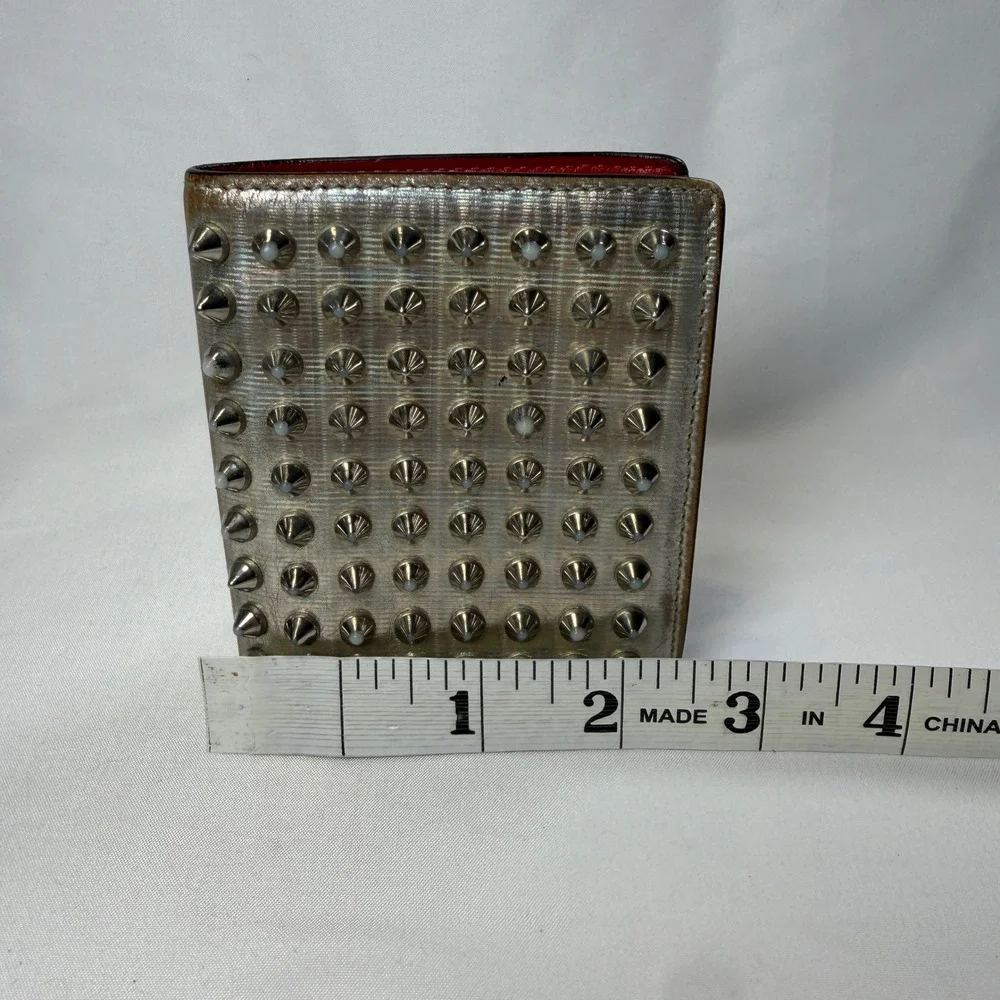 Christian Louboutin Paros Spiked Bifold Wallet Silver Metallic Red Leather
